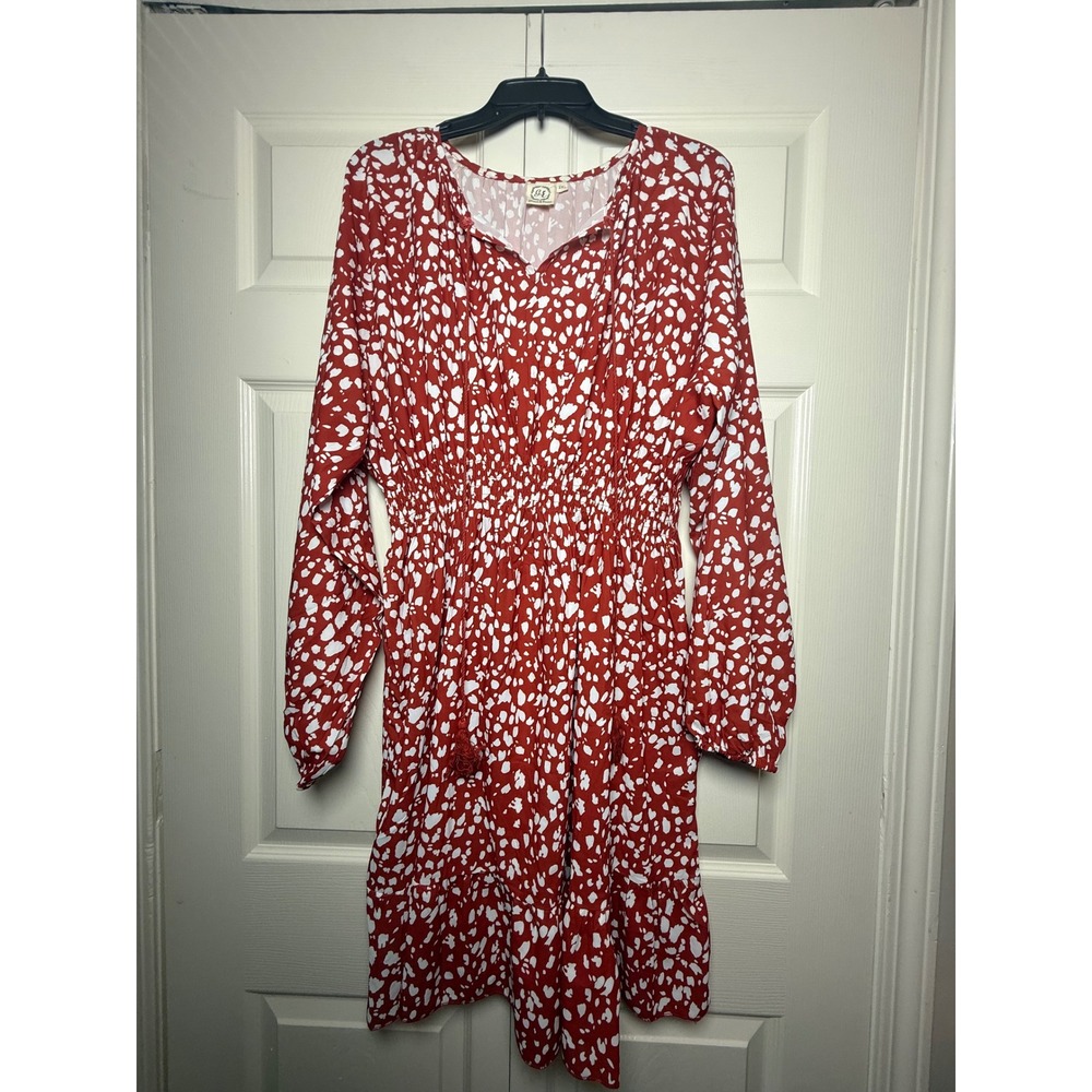 Grace & Emma Red White Abstract Print Smocked Waist Long Sleeve Mini Dress 2XL